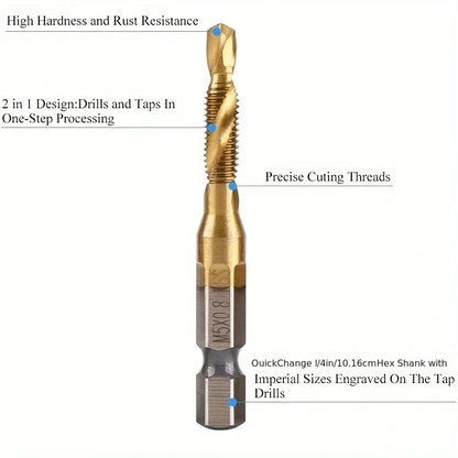 6Pcs 1/4" Hex Shank Titanium Drill Tap Combination Bit Set,  Metric Thread M3 M4 M5 M6 M8 M10 Taps Tool