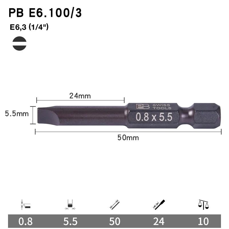 PB Swiss Tools 1/4 Inch Nano-Coated Precision Screwdriver Bit Set for Slotted Screws Cordless Electric Screwdriver Accessories