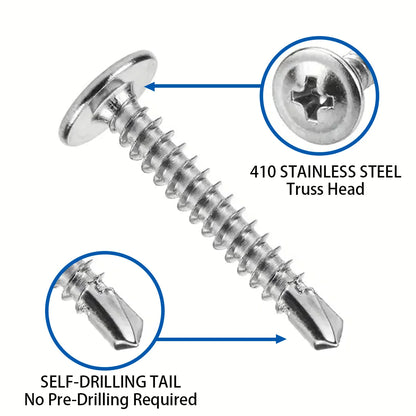 210pcs/410 Stainless Steel Cross Head Washer Self Drilling Screws, M4.2 Large Flat Head Self Tapping Self Drilling Screws, Self