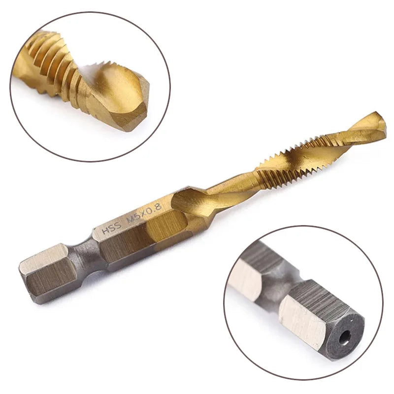 6pc High-speed Steel 4341 Titanium Plated Composite Tap Drill and Tap Integrated Machine Tap Open and Chamfer Tool Set