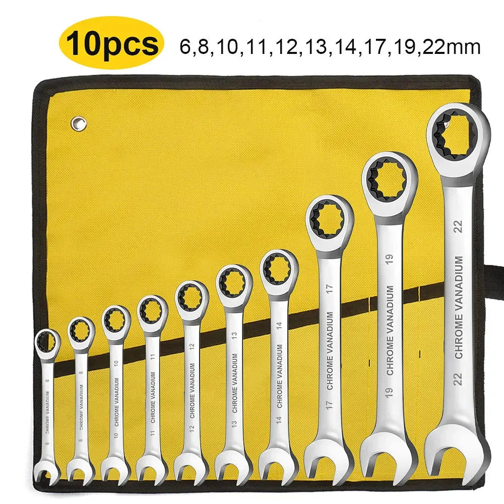 WEELEE Ratcheting Combination Wrench Set, Metric 6-19mm Auto Repair Key Wrenches,Spanner with Rolled Cloth Bags