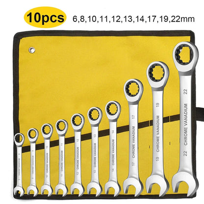 WEELEE Ratcheting Combination Wrench Set, Metric 6-19mm Auto Repair Key Wrenches,Spanner with Rolled Cloth Bags