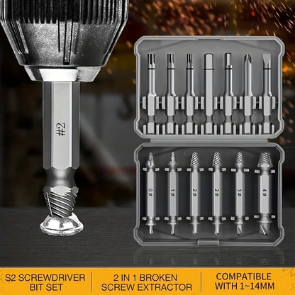 13Pcs Stripped Screw Extractor Set with Case, HSS 4341 Damaged Bolt Remover & S2 Steel Screwdriver Bit Kit