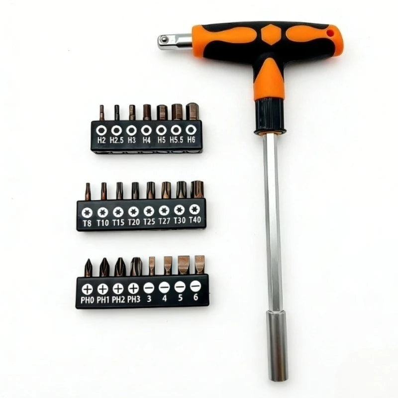 Multifunctional Screwdriver and Socket Set T-shape Handle Torx Hex Cross Flat Bits Household Repair Hand Tools for DIY