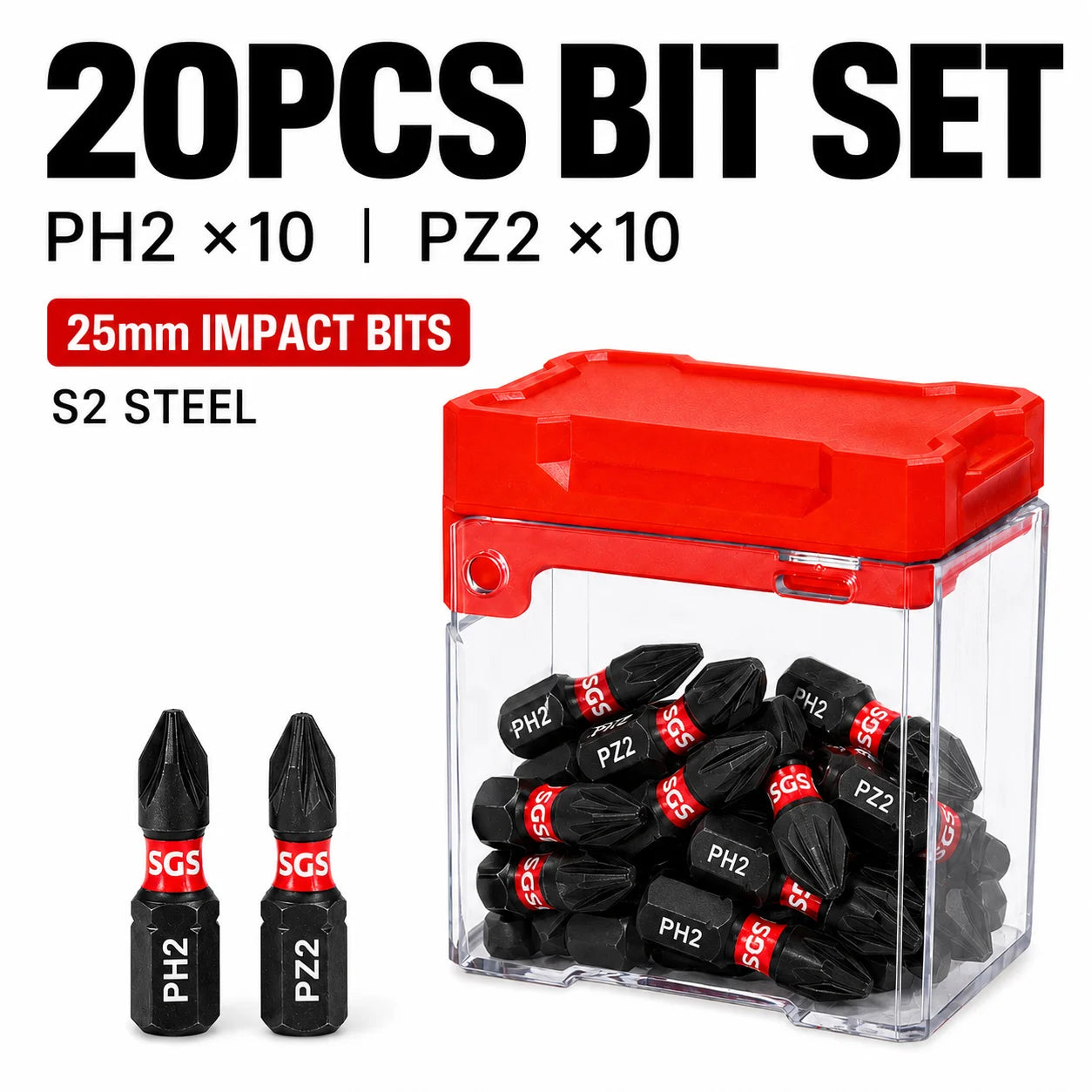 20/40PCS 25mm PH2 PZ2 Impact Screwdriver Bit Set S2 Steel Magnetic Phillips Pozidriv Bits 1/4 Hex Shank for Impact Driver Power Drill with Storage Box