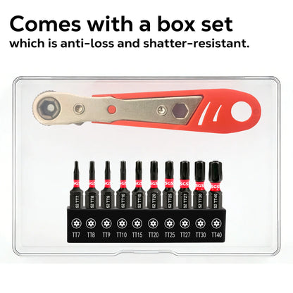 11Pcs Security Torx Bit Set TT7-TT40 25mm S2 Steel Tamper Proof Star Bits with Mini Ratchet Wrench 1/4 Inch Hex Shank for Electronics Auto Bike Repair