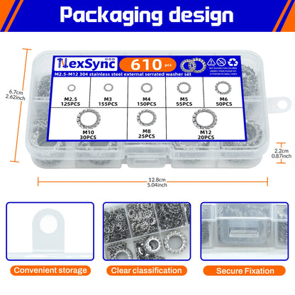 610Pcs 304 Stainless Steel External Tooth Lock Washers, Anti-Vibration Anti-Loose Fastener Kit for Secure Assembly