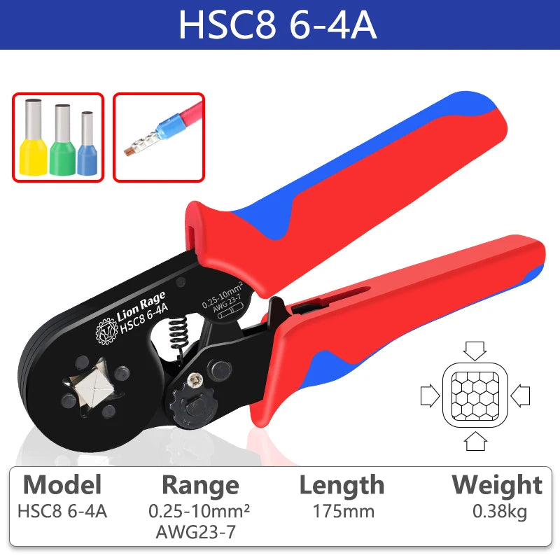 Crimping Tool HSC8 6-4 0.25-10mm for Ferrule Tubular Terminals ² 23-7AWG Ferrule Crimping Clamp Set Wire Head Electrician Tools