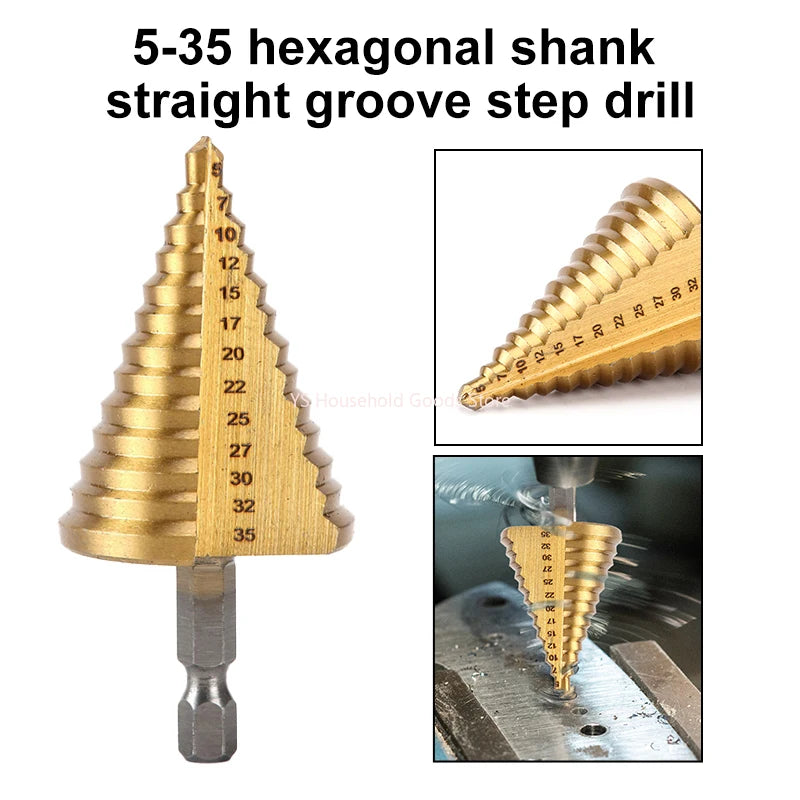 5-35 Gold Titanium Plate Pagoda Drill Hexagonal Straight Groove Step Drill Bit Wood Plastic Aluminum Hole Expand Tool Accessory