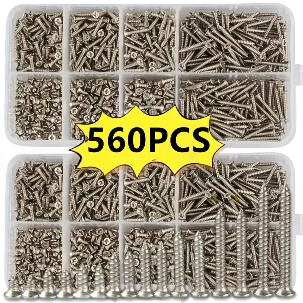 Box of 560 Self-Tapping Wood Screw Set - Includes 8 Different Sizes of M2 Flat Metal Screw Classification Kit