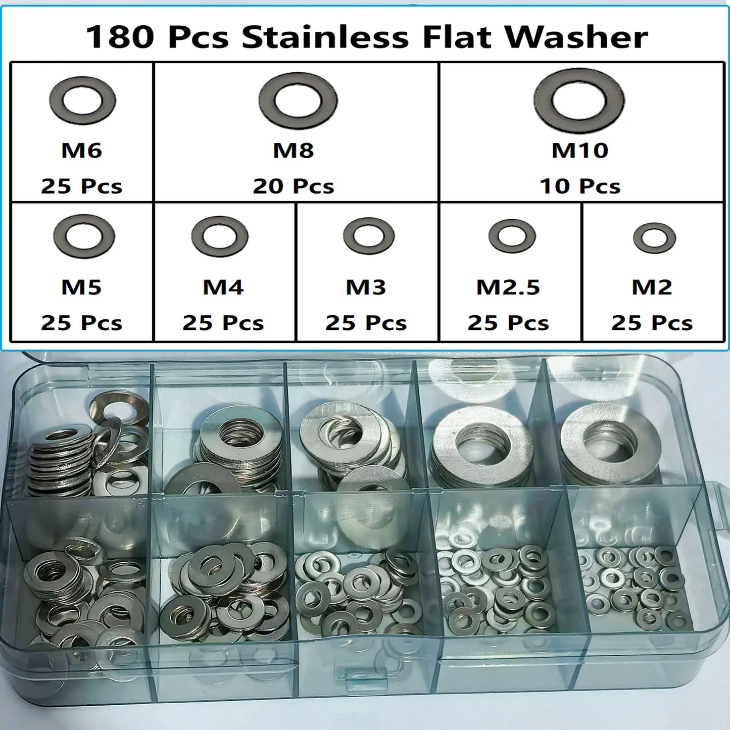 180Pcs Stainless Steel Locking Flat Washers/Spring Washers/Nut Combination Kit, M2 M2.5 M3 M4 M5 M6 M8 M10 Locking Spring Washers, Flat Washers and Nuts Hardware Tool Set, Stainless Steel Anti-Slip Fasteners Multi-Combination Set
