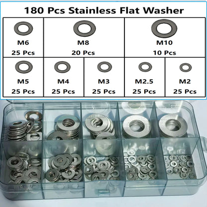 180Pcs Stainless Steel Locking Flat Washers/Spring Washers/Nut Combination Kit, M2 M2.5 M3 M4 M5 M6 M8 M10 Locking Spring Washers, Flat Washers and Nuts Hardware Tool Set, Stainless Steel Anti-Slip Fasteners Multi-Combination Set