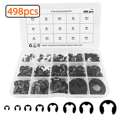 365/498Pcs M1.5-M15 Black Alloy E Clip Set External Retaining Ring Assortment Kit Metric Circlip for Shaft Bearing Hardware