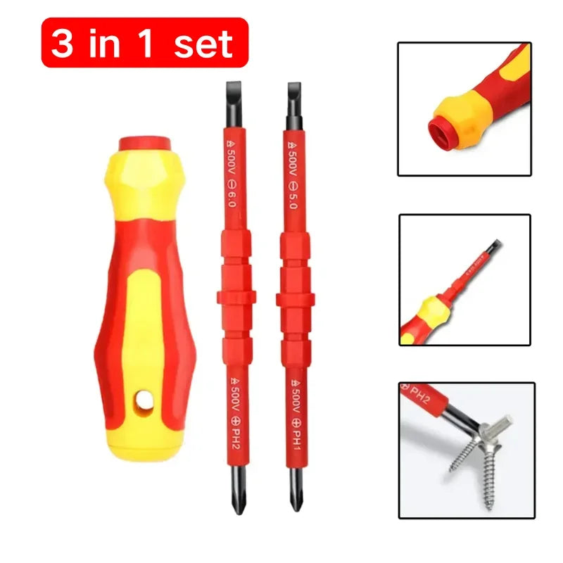 3 In 1 Electricians Insulated Screwdriver Kit Interchangeable Magnetic Blades – PH1/PH2, Slotted, Cross Bits Multipurpose Tools