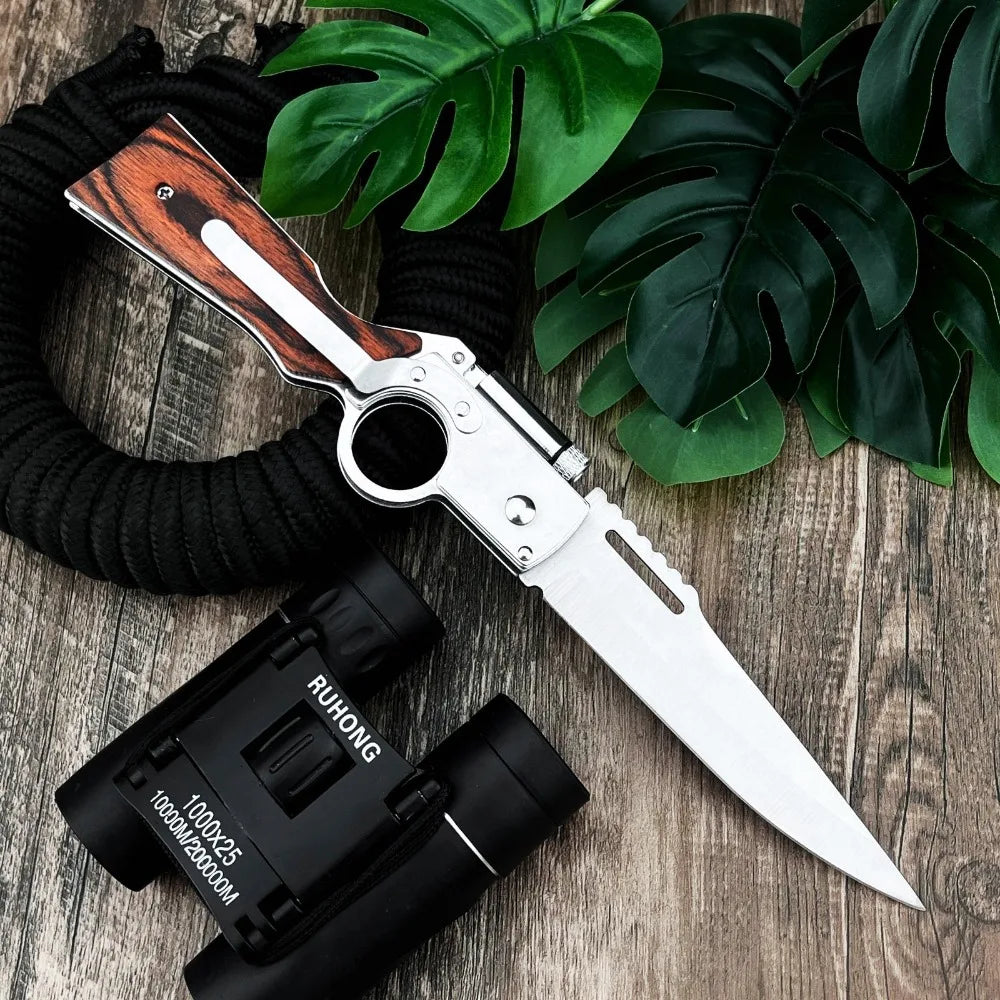 Multifunctional Folding Knife with LED Light 5Cr13Mov Blade Color Wood Handle Equipped with Pocket Clip Outdoor Hiking Portable Tool