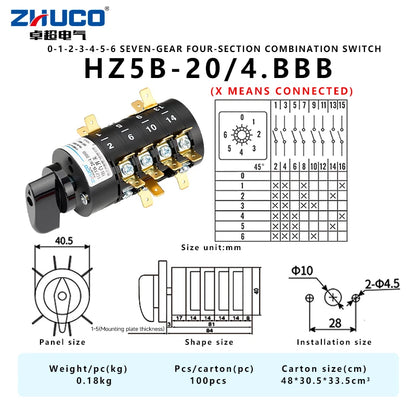 HZ5B-20/4.BBB 7-Position 4-Pole Combination ChangeOver Switch With Knob Handle Common Rotary Cam Switch Power Tool Parts