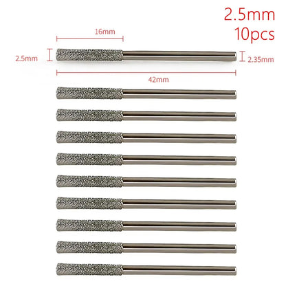 10Pcs 0.8-2.5mm Diamond Coated Drill Bits 2.35mm Shank Silver Polishing Head Grinding Burr Bits Glass Jade Amber Jewelry Diamond