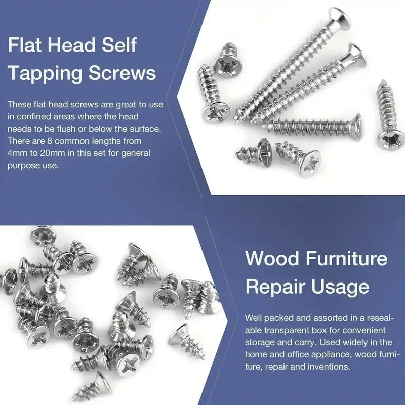 100/620Pcs M2-M4 Wood Self Tapping Screws Assortment Kit Wood Thread Fastener Set