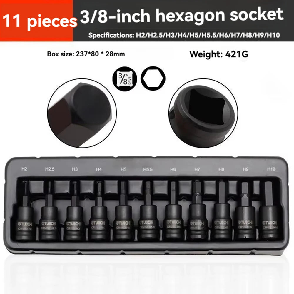3/8 Inch Hexagonal Socket Set Metal Vanadium Alloy Steel Torx Tool Socket Head for Manual Wrench
