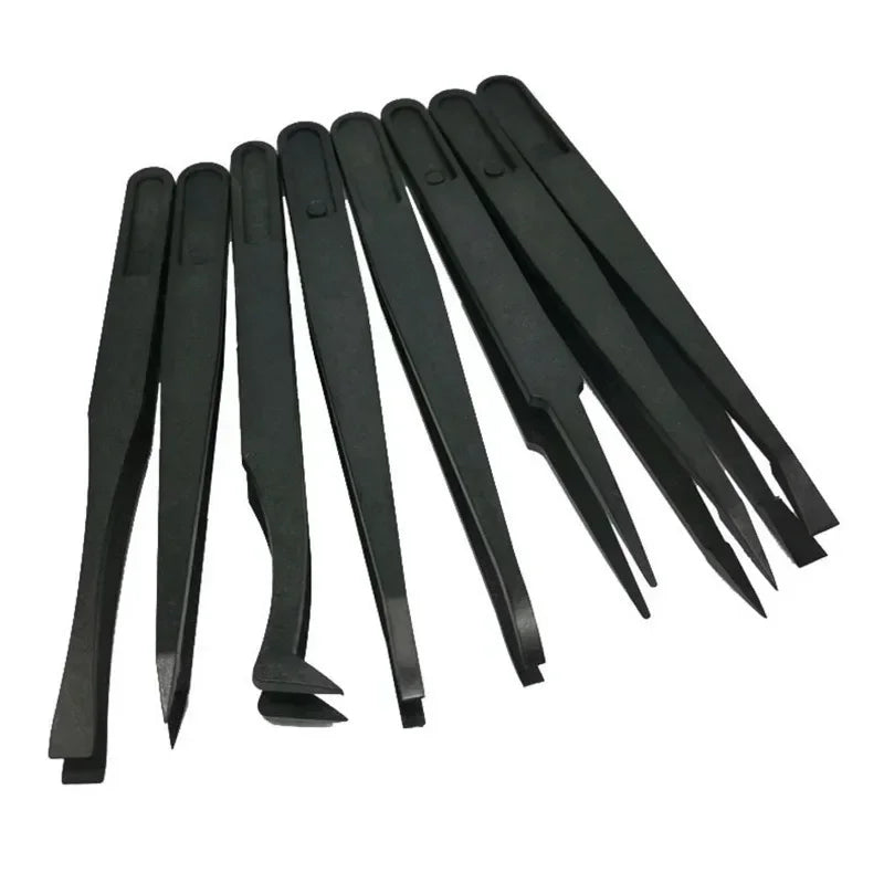 8PCS Flat Tip Anti-static Tweezer 11-12CM Black Flat Tip Plastic Antistatic Tweezers