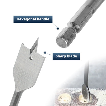 10PCS High Carbon Steel Spade Drill Bit Set, 6-32mm Hex Shank Wood Boring Bits with Extension Rod & Hex Key