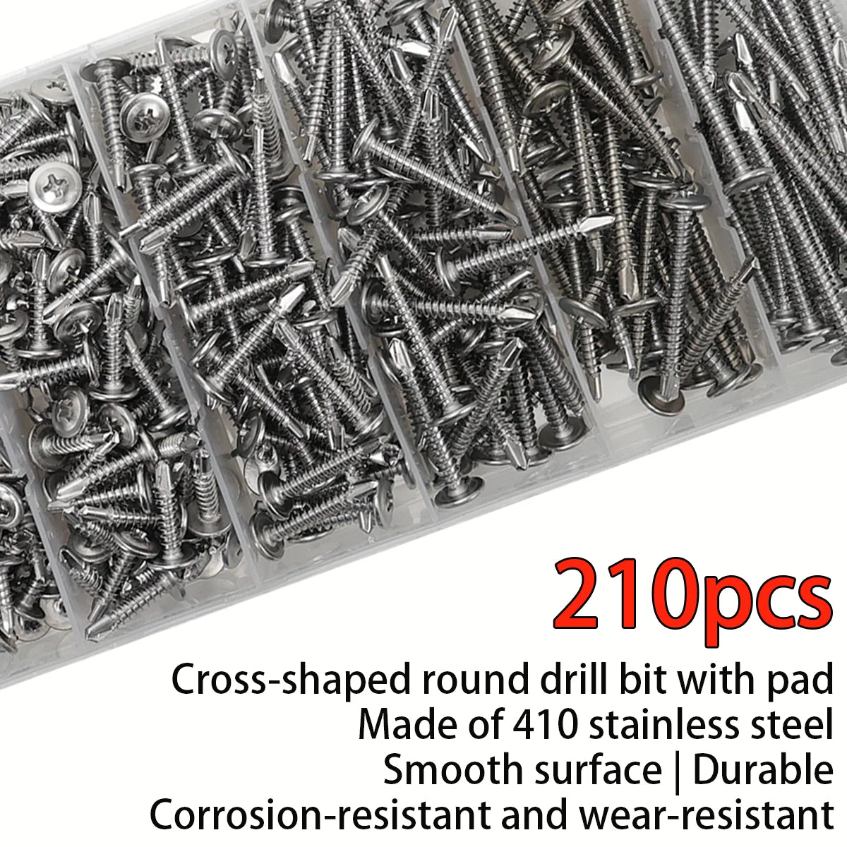 210pcs/410 Stainless Steel Cross Head Washer Self Drilling Screws, M4.2 Large Flat Head Self Tapping Self Drilling Screws, Self