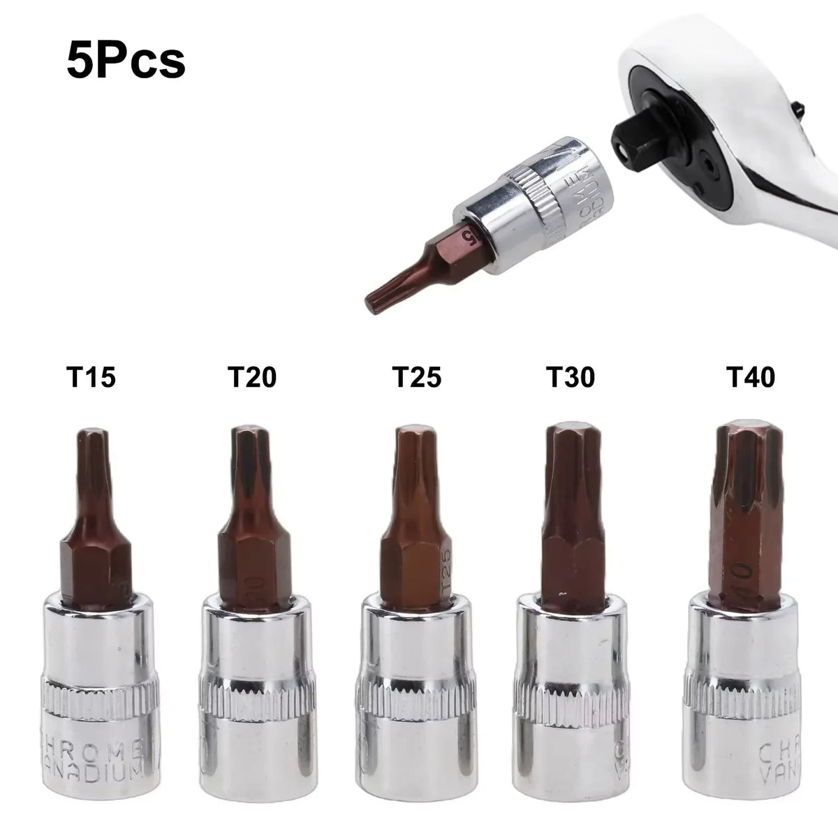 5pcs 1/4 Inch Drive Torx Bit Socket Set T15 T20 T25 T30 T40 S2 Steel High Torque Star Screwdriver Bits for Ratchet Wrench
