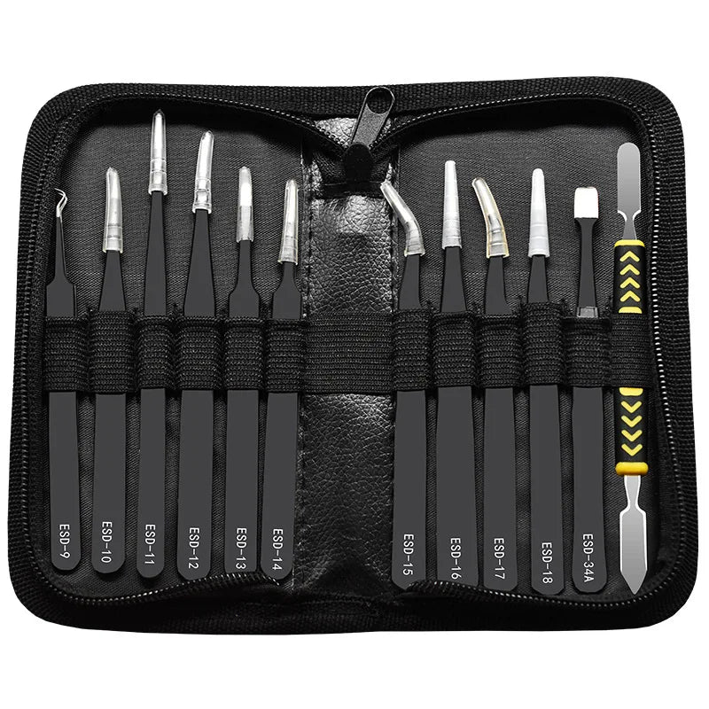 12Pcs/Set Precision Tweezers ESD Anti-static Stainless Steel Elbow Straight With Bag Repair Maintenance Tool Industrial Tweezers