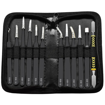 12Pcs/Set Precision Tweezers ESD Anti-static Stainless Steel Elbow Straight With Bag Repair Maintenance Tool Industrial Tweezers