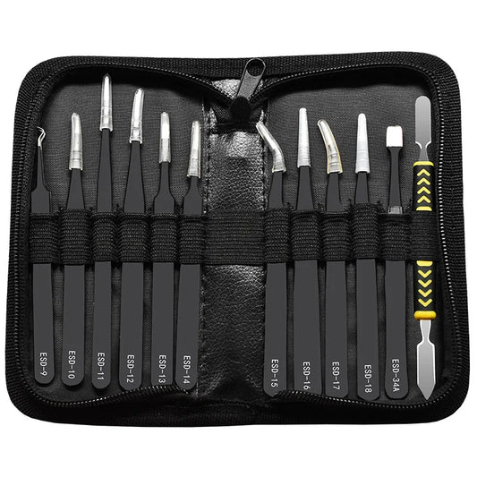 12Pcs/Set Precision Tweezers ESD Anti-static Stainless Steel Elbow Straight With Bag Repair Maintenance Tool Industrial Tweezers
