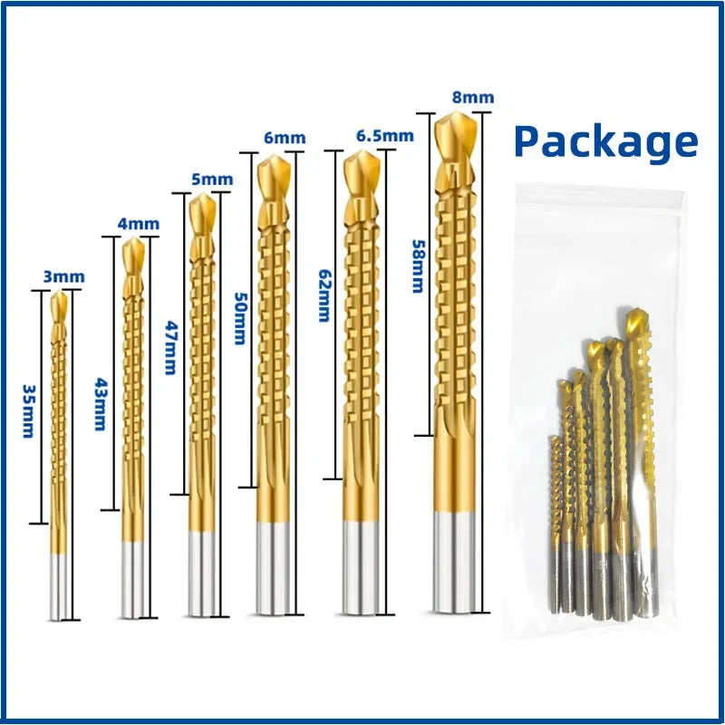 6 Pack Titanium Coated HSS Twist Drill Bits 3-8mm for Wood Metal