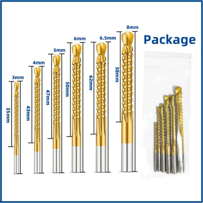 6 Pack Titanium Coated HSS Twist Drill Bits 3-8mm for Wood Metal
