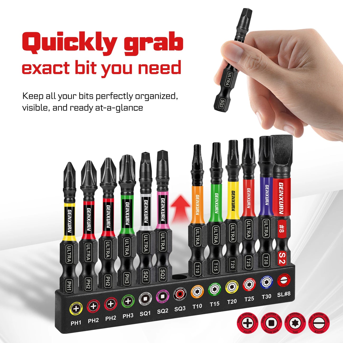 Geinxurn 13PCS Impact Phillipes/Square/Slotted Screwdriver Bits Set, 2'' Magnetic S2 Steel Bits Set with Color Coded Base