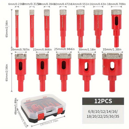 12Pcs Diamond Coated Drill Bits Set 6-35mm Hole Saw Kit for Glass Marble Granite Stone Tile Ceramic - Hand Tool