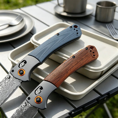 Damascus Steel Folding Pocket Knife BM 15080 with Wood & Blue G10 Handle Heavy-Duty Outdoor Cutting Tool for Daily & Outdoor Use