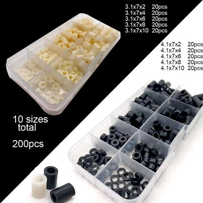 200pcs/set M3 M4 10 Sizes Black White ABS Nylon Plastic Non-Threaded Spacer Hollow Standoff Washer Set Box Assortment Kit