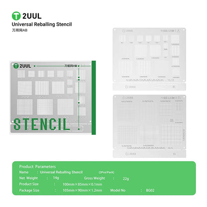 2UUL BG02 Universal Reballing Stencil AB BGA Reballing Stencil Kit Wide Compatibility Steel Mesh Solder Template