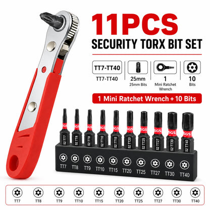 11Pcs Security Torx Bit Set TT7-TT40 25mm S2 Steel Tamper Proof Star Bits with Mini Ratchet Wrench 1/4 Inch Hex Shank for Electronics Auto Bike Repair