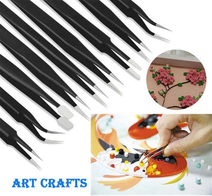 12Pcs/Set Precision Tweezers ESD Anti-static Stainless Steel Elbow Straight With Bag Repair Maintenance Tool Industrial Tweezers