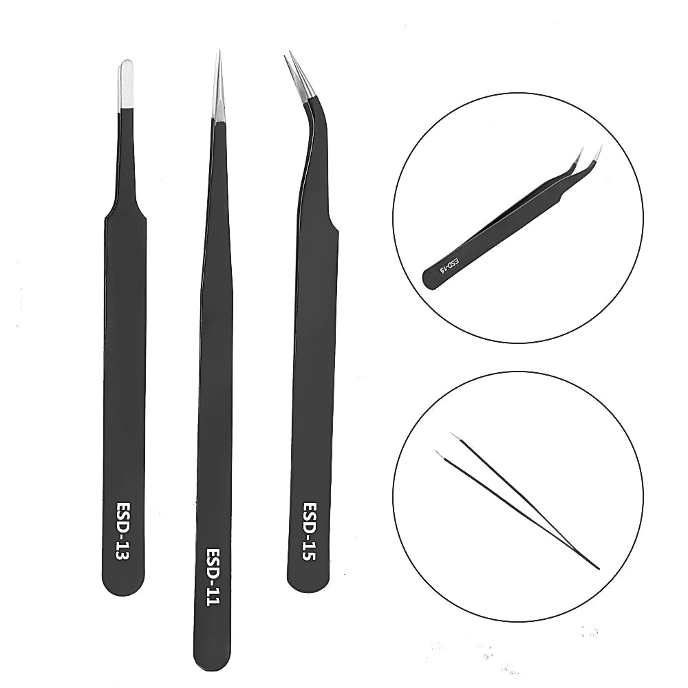 6Pcs Antistatic Stainless Steel Tweezers Precision Repair Curved Hand Tools