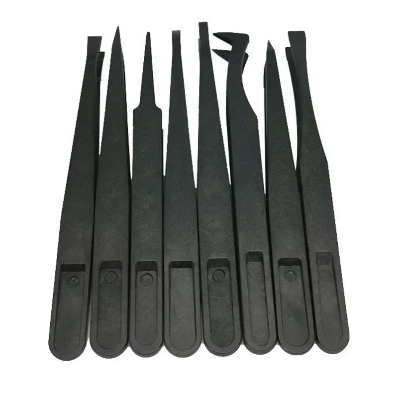 8PCS Flat Tip Anti-static Tweezer 11-12CM Black Flat Tip Plastic Antistatic Tweezers
