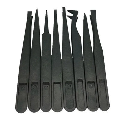 8PCS Flat Tip Anti-static Tweezer 11-12CM Black Flat Tip Plastic Antistatic Tweezers