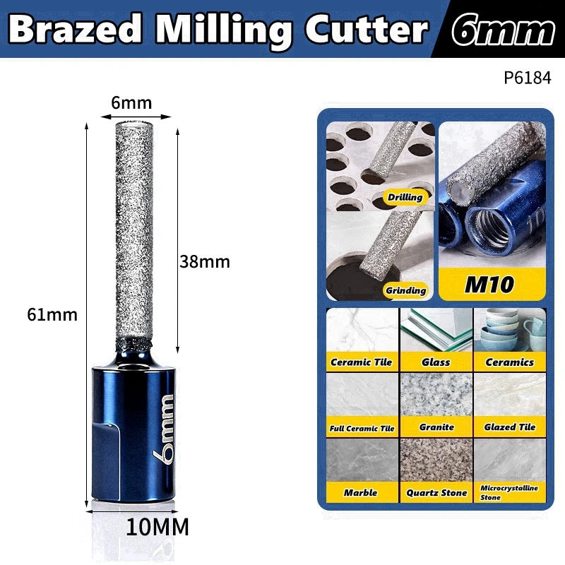 6/8/10/12mm M10 Vaccum Brazed Milling Cutter Hole Saw Angle Grinder Brazed Core Drill Bit for Ceramic Granite Marble Stone Tile