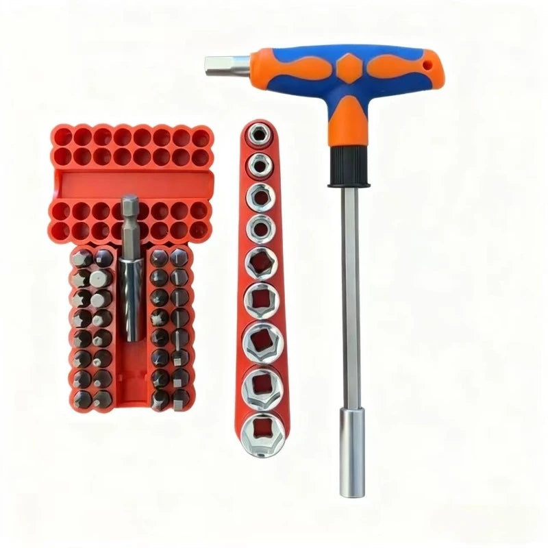 Screwdriver Set with T-Shape Cross and Straight Slot Hexagon and Plum-Shaped Heads Plus Socket Set for DIY Lovers