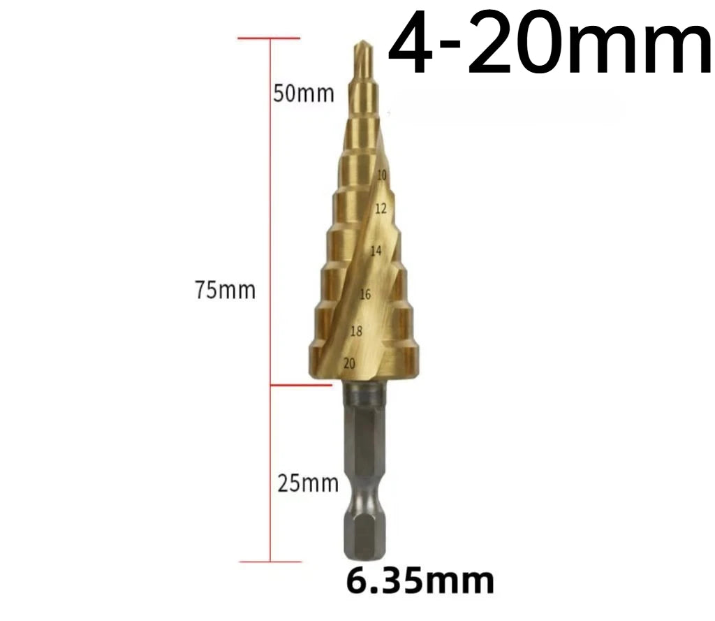 4-12/4-20/4-32mm Spiral Grooved Step Drill Bits HSS Titanium Coated Drill Hex Shank Cutting Tool for Wood, Stainless Steel,Metal