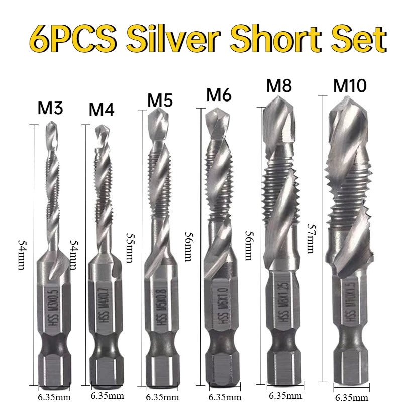 6Pcs HSS Drill Tap Set High Speed Combination Drill and Tapping Tool for Drilling Tapping Threading M3 M4 M5 M6 M8 M10 Drill Bit