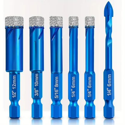 Dry Drill Core Bit Set, Spiral Groove, Hex Shank, Brazed Drill Bit, Hole Saw, Ceramic Tile, Granite, Marble Hole, 6 Pcs