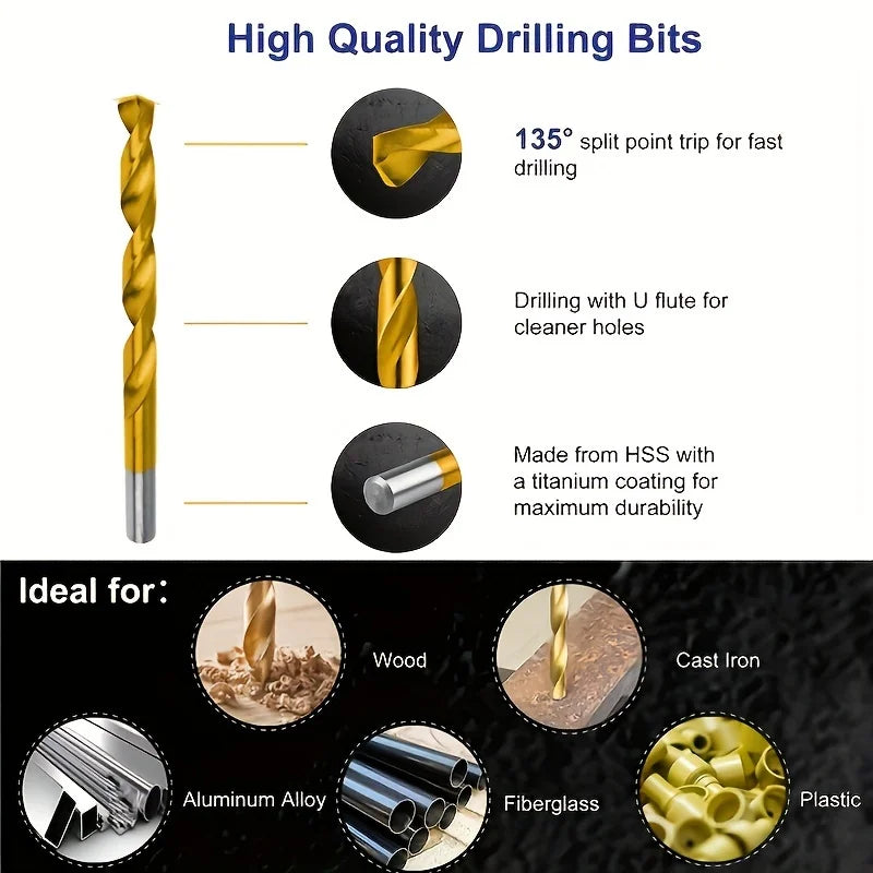 50pcs Titanium Coated High Speed Steel Drill Bits - High Quality 135° Point, Suitable for DIY Handcraft, Woodworking