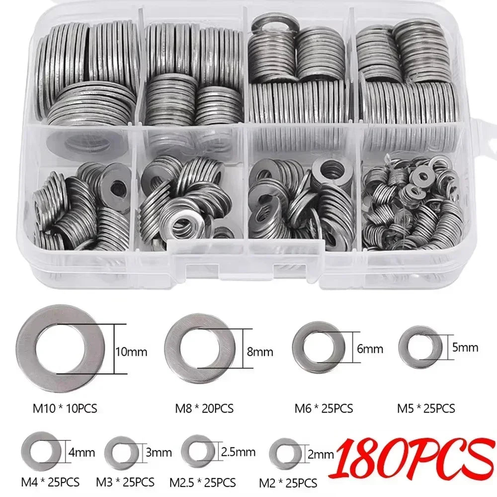 684/180PCS Stainless Steel Screw Washers Multi-function Plain Washer Gaskets Assortment Kit Sturdy Hardware Metal Washers M2-M12