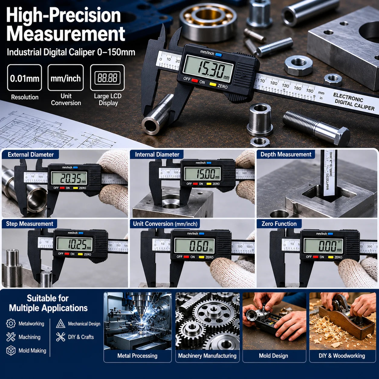 0-150mm Carbon Fiber Digital Vernier Caliper, Dual MM/INCH Unit, Measure Inner/Outer Diameter of Jewelry, Hardware Mechanical Pa